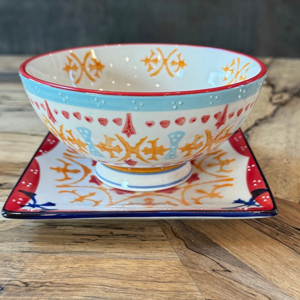 Signature Housewares Global Stoneware Rice Bowl Square Plate Boho Mix Match Set